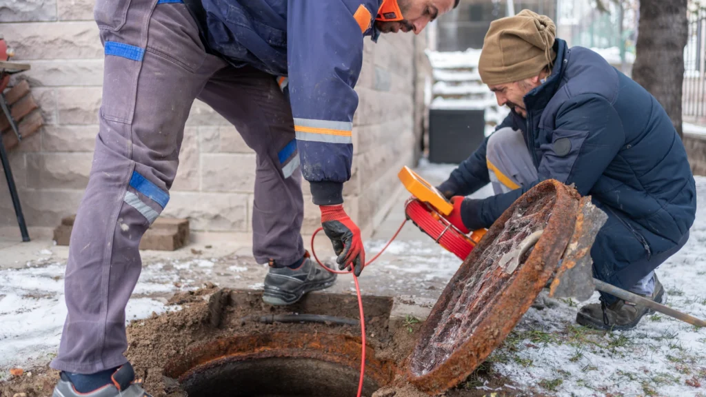 Sewer repair services in Los Angeles. Plumbers repairing an underground water line during excavation.