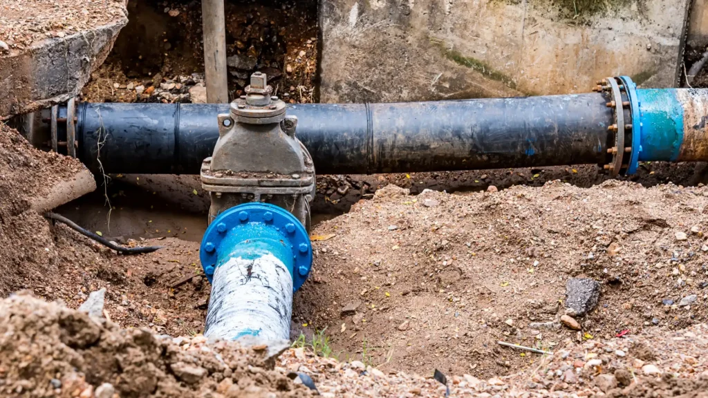 Trenchless pipe bursting services in Los Angeles. Underground water main pipe installed for residential plumbing service.