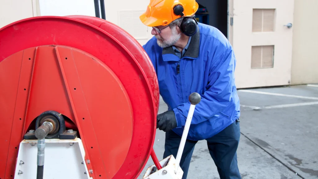 Hydro jetting services in Los Angeles. Worker operating water line maintenance equipment during a plumbing repair.