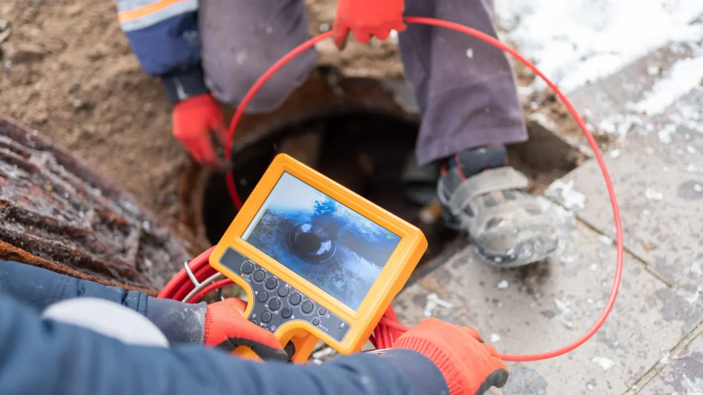 Sewer camera inspection in Los Angeles. Technician performing sewer line inspection with diagnostic equipment.