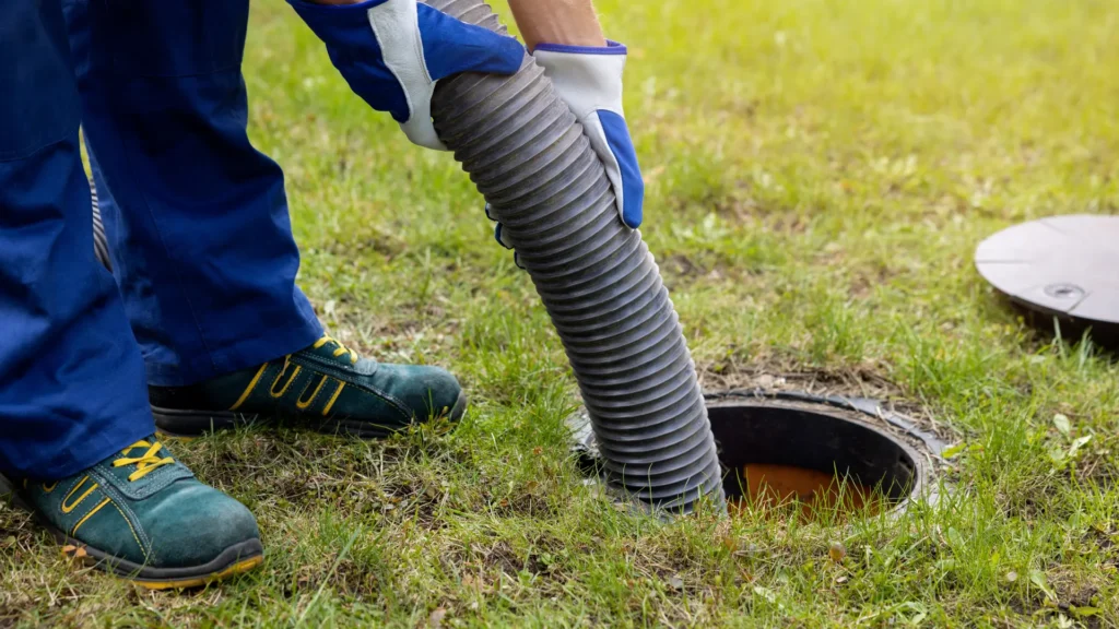 Water main repair services in Los Angeles. Flexible sewer hose being inserted into an underground drain line.