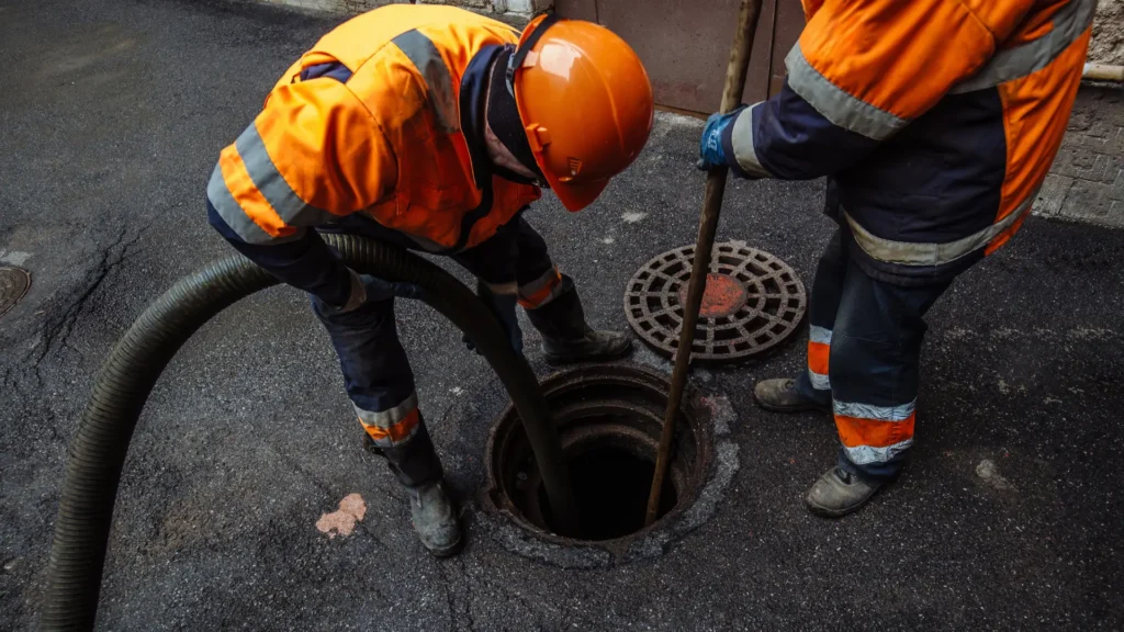 Plumber performing sewer drain maintenance at a manhole.
