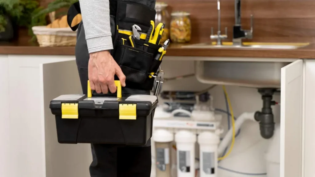 Plumber carrying a professional toolbox into a customer's home.
