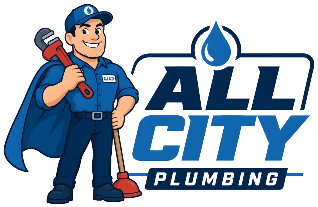 All City Plumbing logo with cartoon plumber mascot and water droplet.