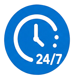 Blue circular clock icon representing 24/7 emergency plumbing services.