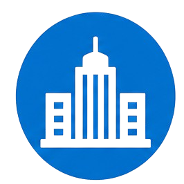 Blue circular icon with city skyline representing local plumbing expertise.