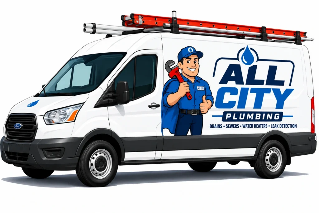 All City Plumbing service van parked with the Los Angeles skyline in the background.